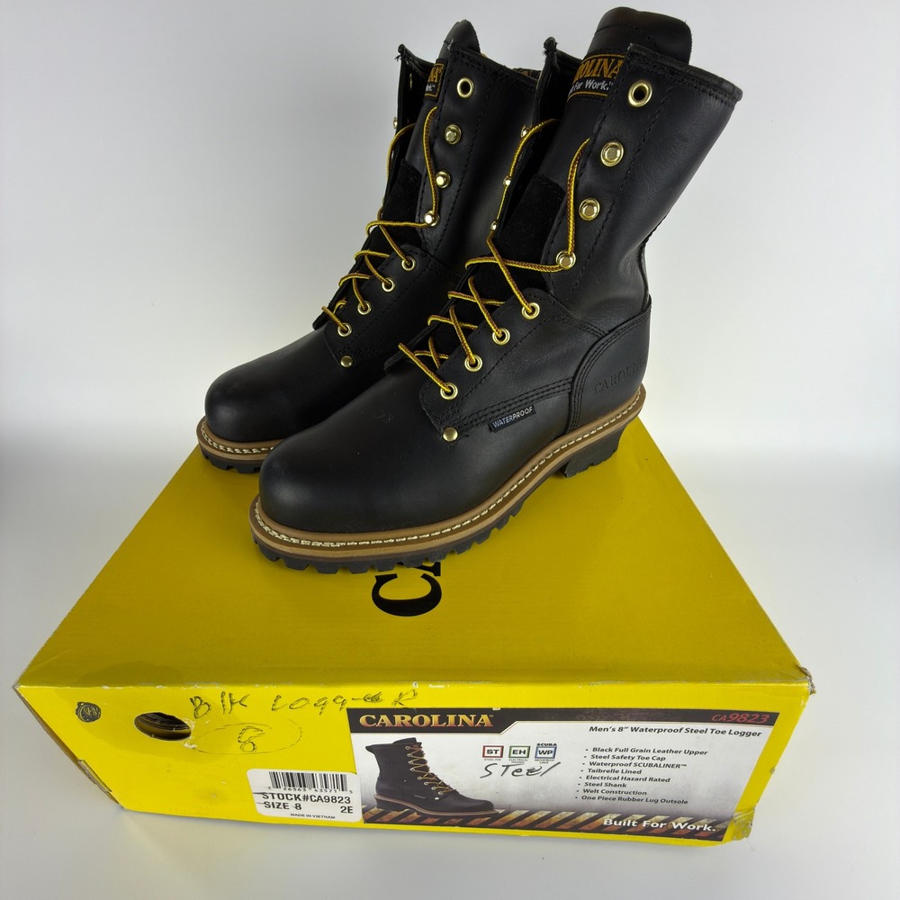 Carolina 9823 8" Steel Toe Waterproof Logger Boots Mens 8 EE Black‎ NIB